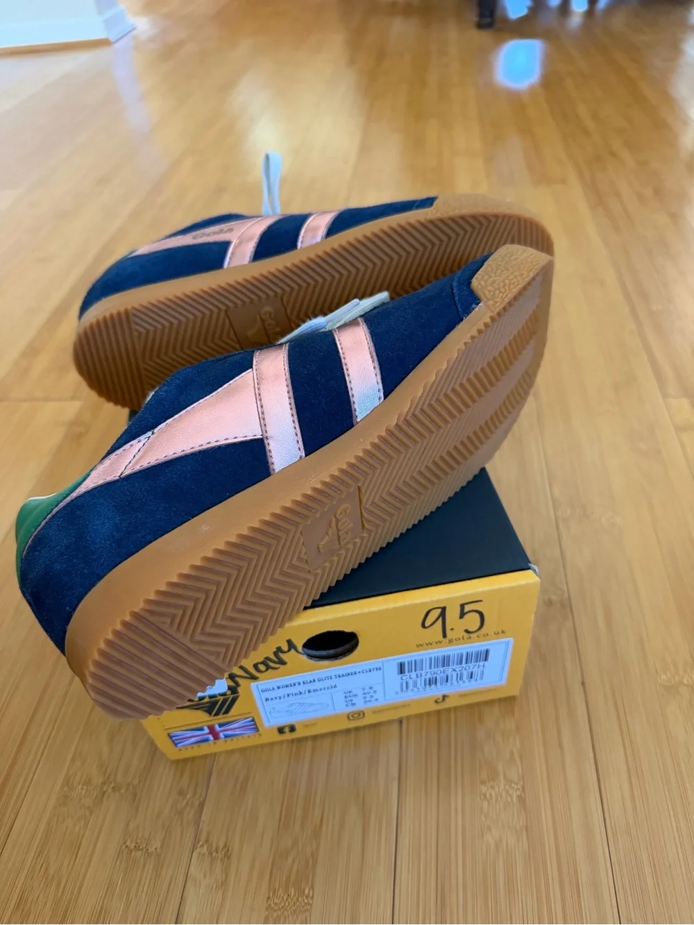 Gola Navy Suede Sneakers with Copper Stripes and Green Heel Tab